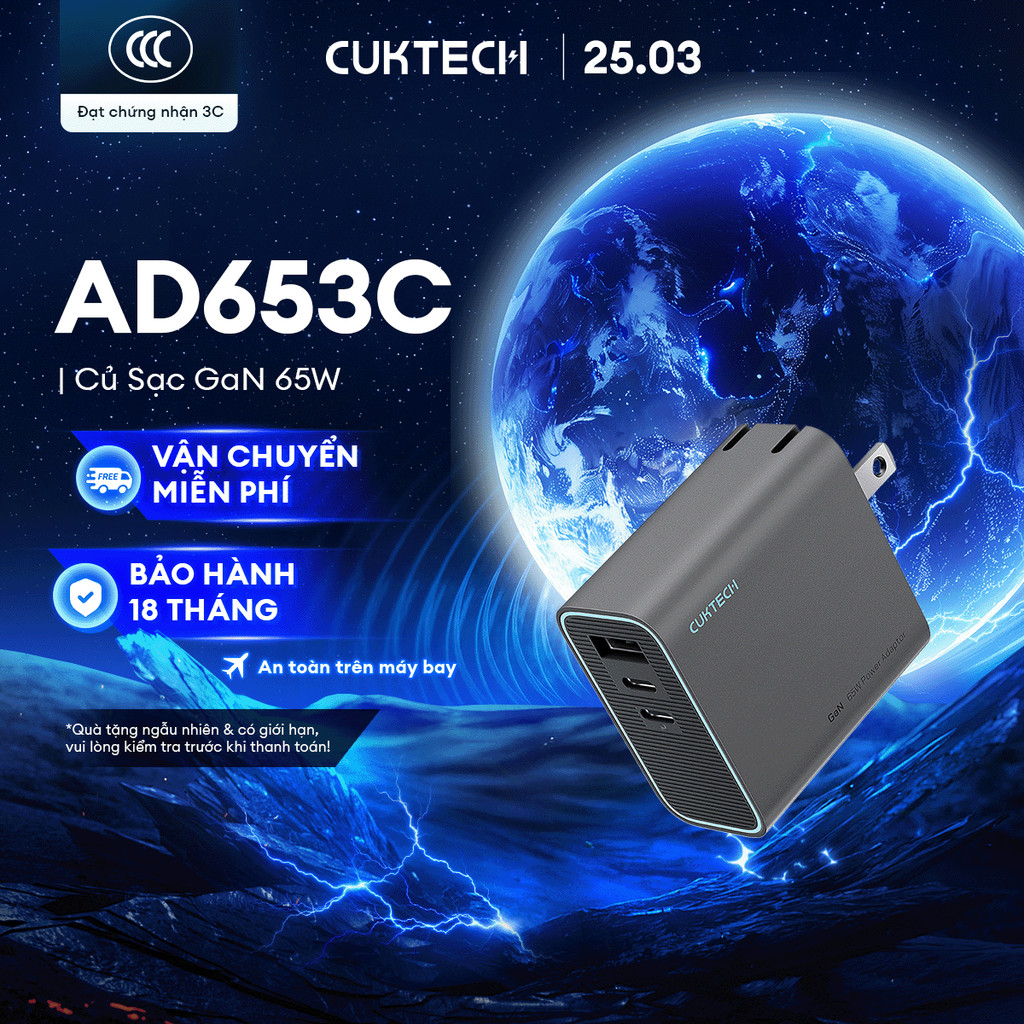 Củ Sạc GaN CUKTECH AD653C 2C1A | Cống Suất 65W Max | Hỗ Trợ Sạc Nhanh | Thiết Kế Nhỏ Gọn | Bảo Hành 