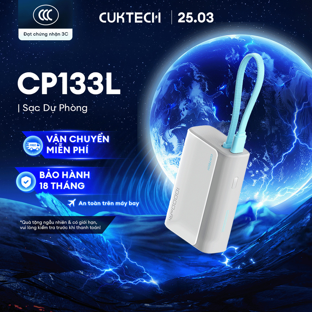 CUKTECH CP133L Sạc Di Động Kèm Cáp | Sạc Nhanh 33W Max | Dung Lượng 10.000mAh | Bảo Hành 18 Tháng LP