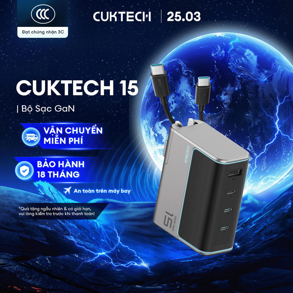 Củ Sạc GaN CUKTECH 15 3C1A | Công Suất 140W | Hỗ Trợ Sạc Nhanh | Bảo Hành 18 Tháng AD1404U