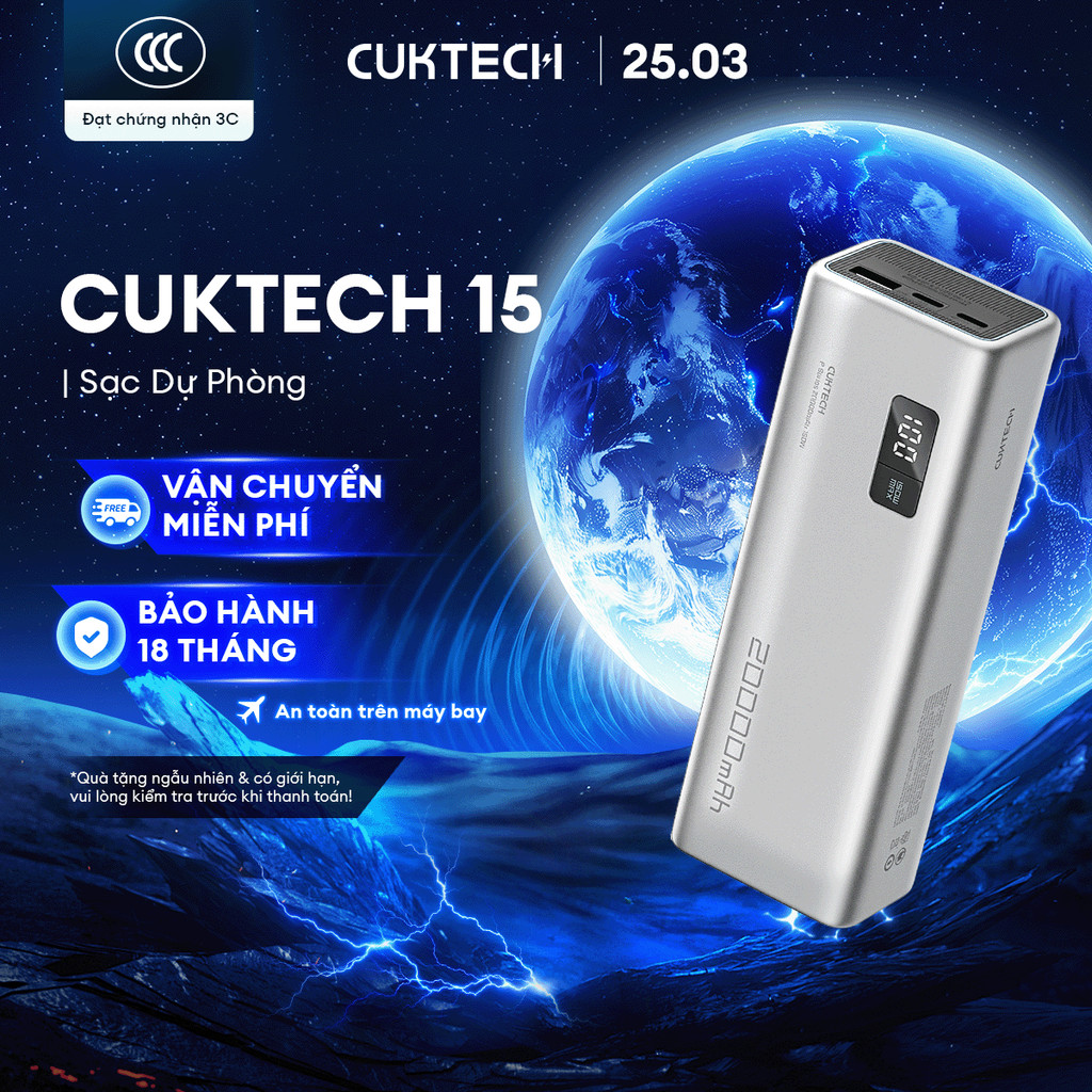 CUKTECH 15 Sạc Di Động 2C1A | Công Suất 150W Max | Dung Lượng 20.000mAh | Bảo Hành 18 Tháng PB200P