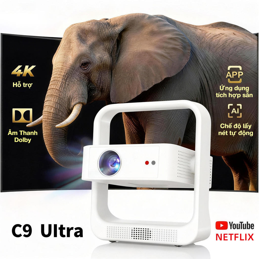 Máy chiếu mini Fintex C9 Ultra - Auto Focus siêu nhanh, hình ảnh 4K sắc nét, loa chất lượng cao, kết nối Bluetooth