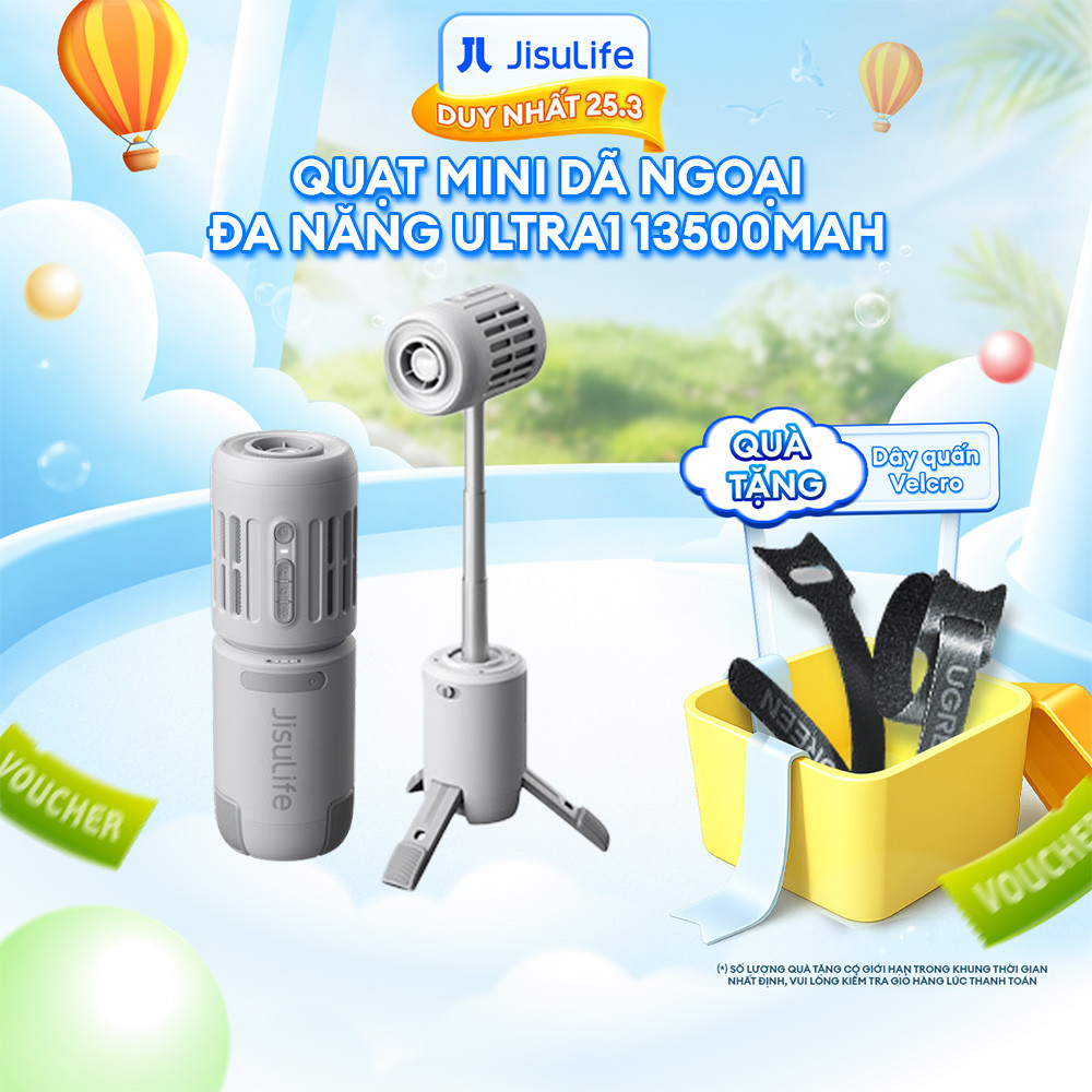 Quạt Tích Điện Ngoài Trời 3In1 JISULIFE Ultra1 13500mAh - Đèn Pin/Sạc Dự Phòng, Bảo Hành 12 Tháng
