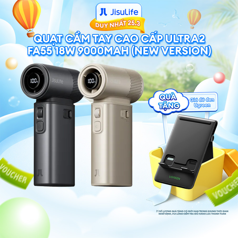 Quạt Cầm Tay JISULIFE Ultra2 9000mAh Cao Cấp – Thế Hệ Mới, Đa Chức Năng – Sử Dụng 1.5H-25H – Bảo Hàn