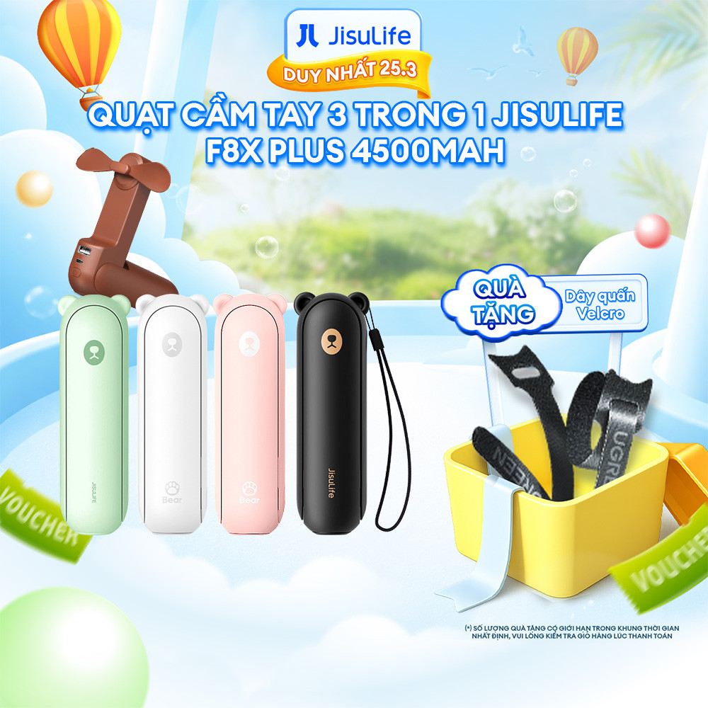 Quạt Cầm Tay Gấp Gọn JISULIFE F8X 4500mAh Có Sạc Dự Phòng Đèn Pin, Bảo Hành Chính Hãng 12 Tháng