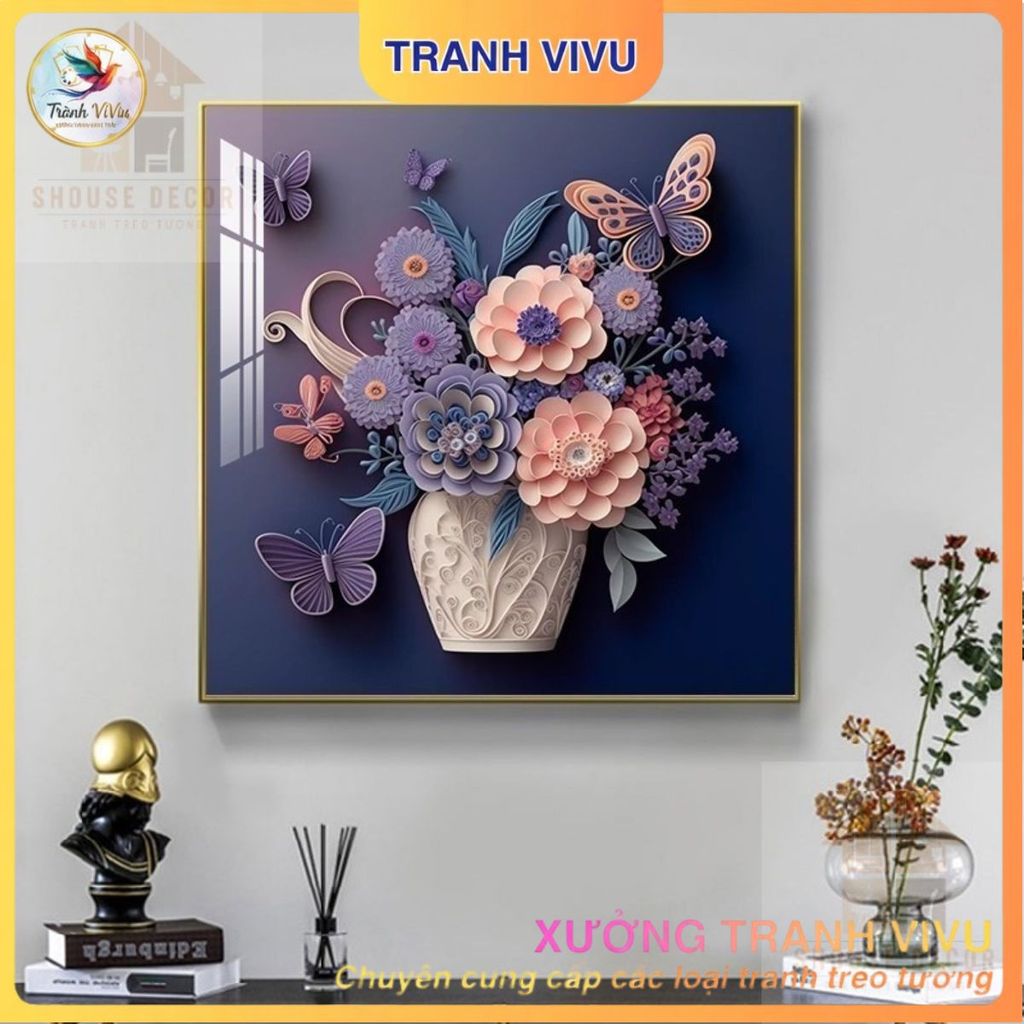 Tranh treo tường Tráng gương Hoa Lá Bướm decor Phòng Khách bàn làm việc Khách - Decor Phòng Khách