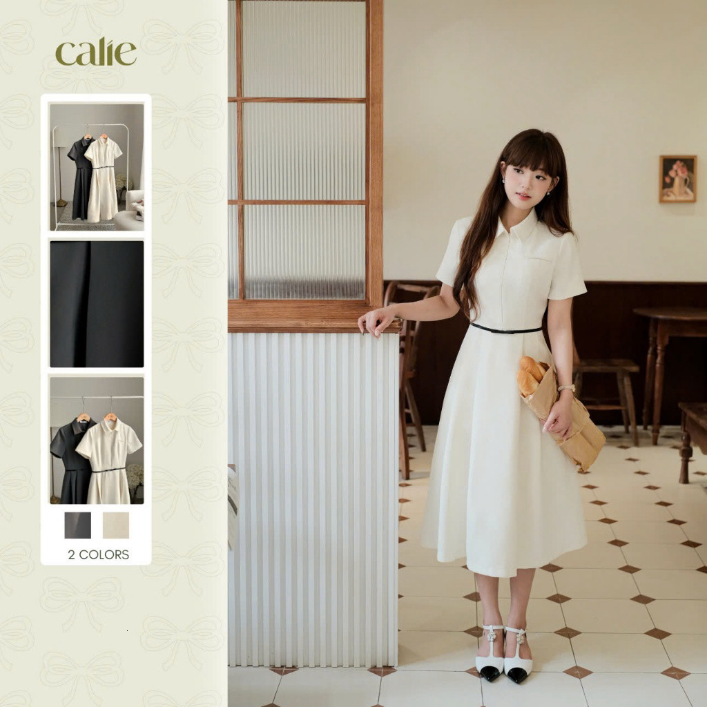 Váy dáng xòe cổ đức đai nơ eo, chất liệu cao cấp thời trang nữ thiết kế Calie VX237