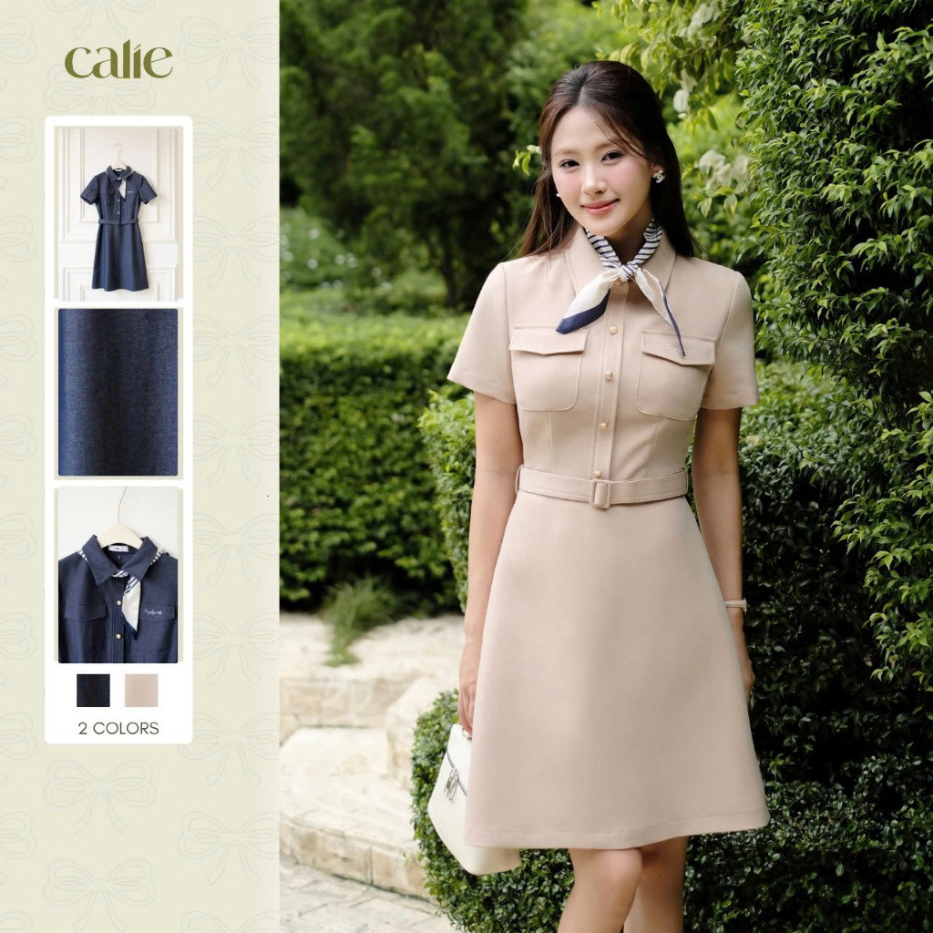 (Desk to Date) Váy dáng A chất jean cổ đức thắt khăn, mềm mại, sang trọng thời trang Calie Va492