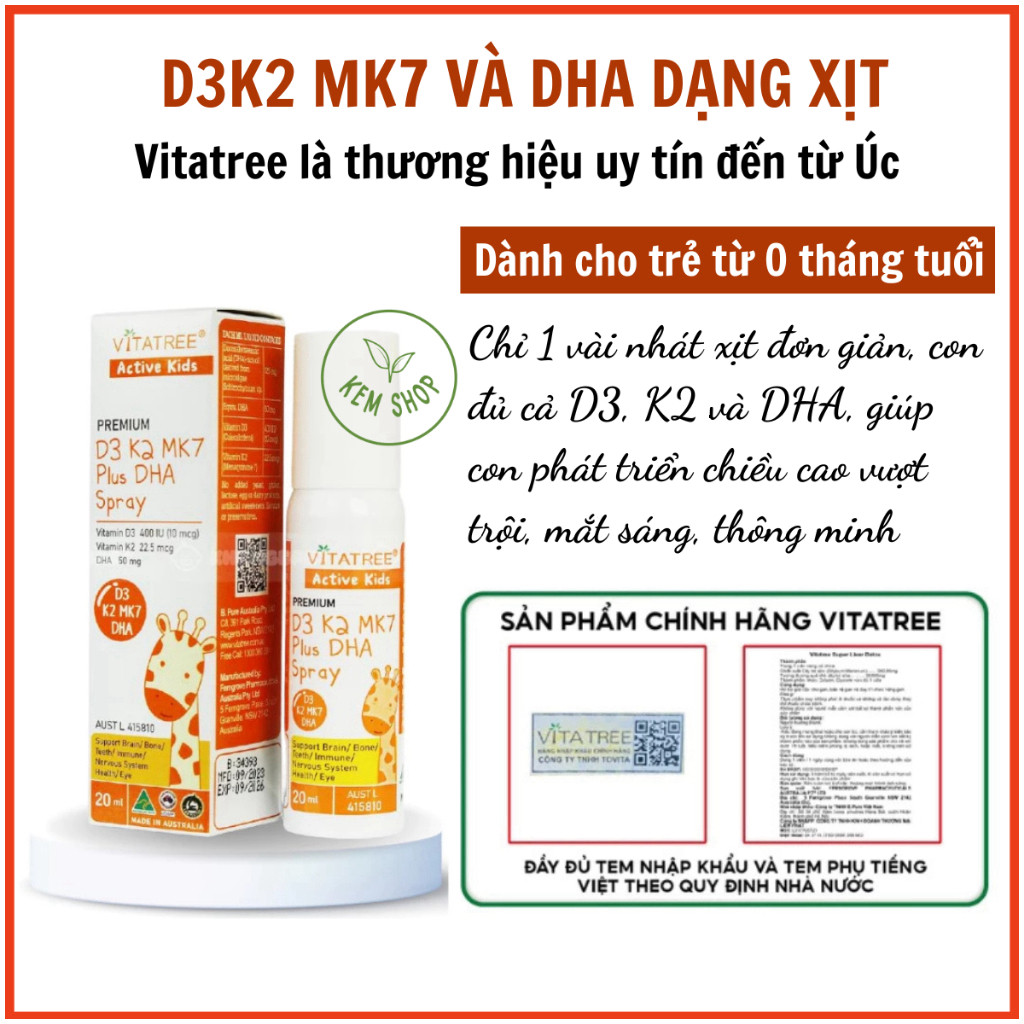 [Kemshop] D3K2 dạng xịt Vitatree Premium D3K2MK7 Plus DHA 20ml bổ sung D3K2 và DHA giúp bé phát triể