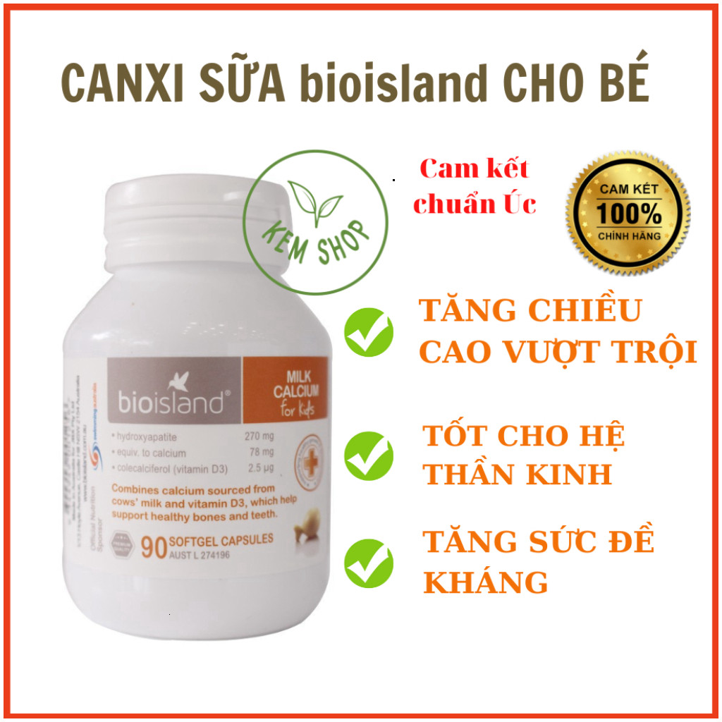 [Kemshop] [CHÍNH HÃNG] Canxi cho bé Bioisland Milk Calcium For Kids Bổ Sung Canxi Cho Bé Chắc Khỏe X