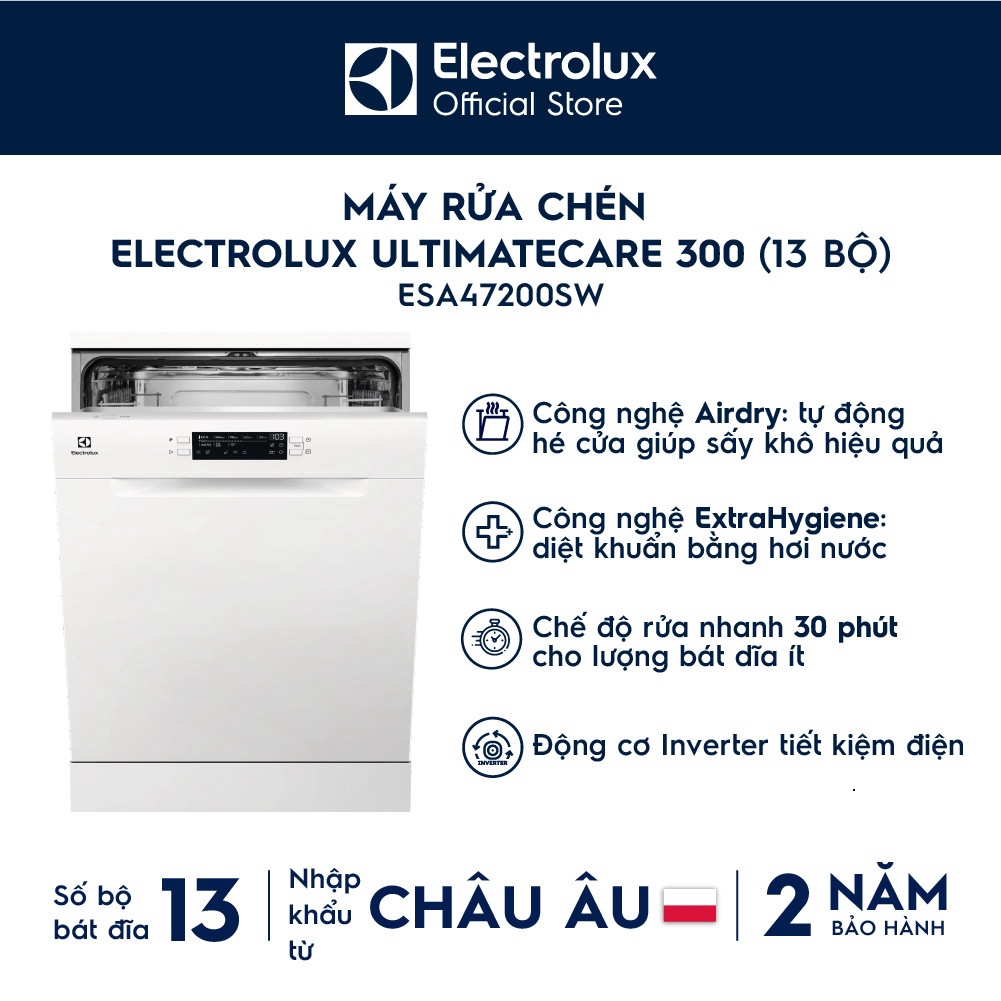 Free giao lắp - Máy rửa chén độc lập Electrolux 60 cm UltimateCare 300 cho 13 bộ chén đĩa ESA47200SW