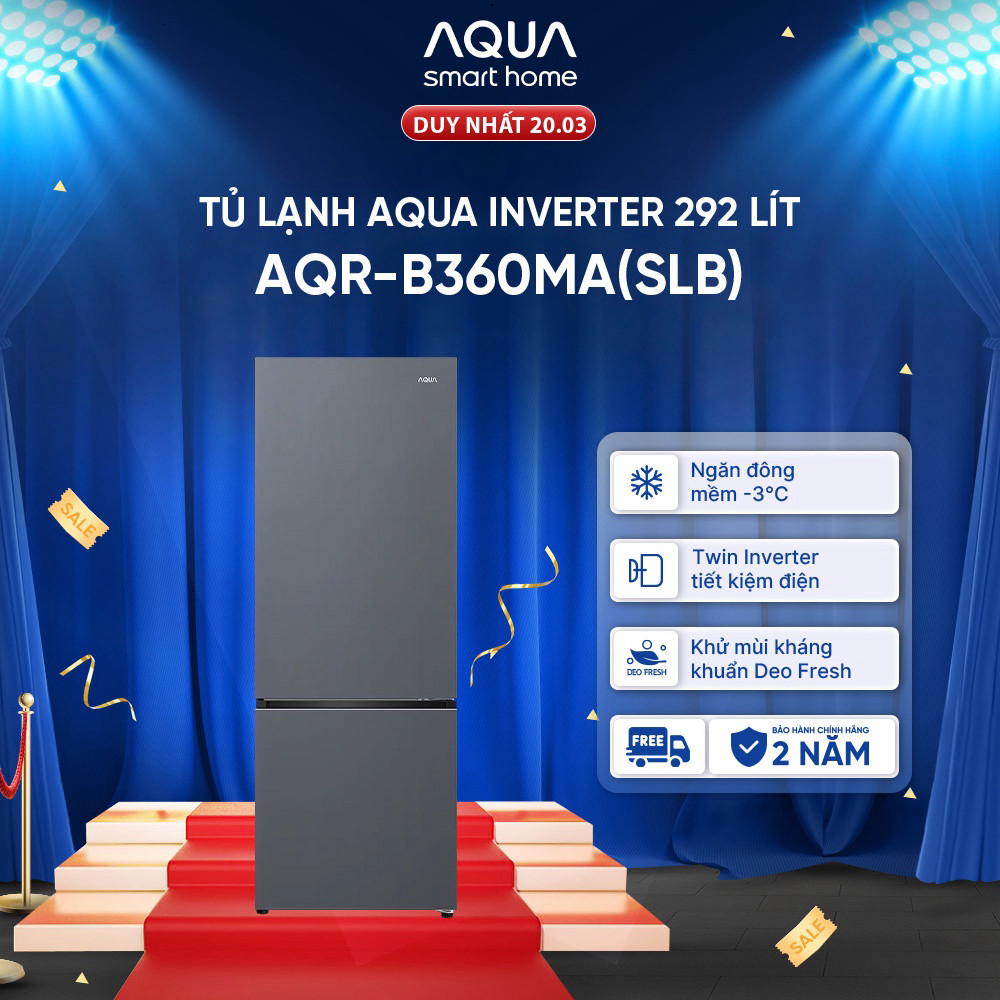 Freeship toàn quốc - Tủ lạnh ngăn đông dưới Aqua 292L AQR-B360MA(SLB) - Bảo hành chính hãng trong 2 năm