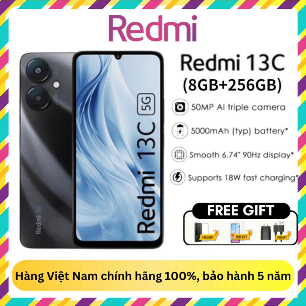 Bảo hành 5 năm Điện thoại Xiaomi Redmi 13C 5G hoàn toàn mới RAM 8GB/256GB Màn hình LCD IPS HD+ 6,74 