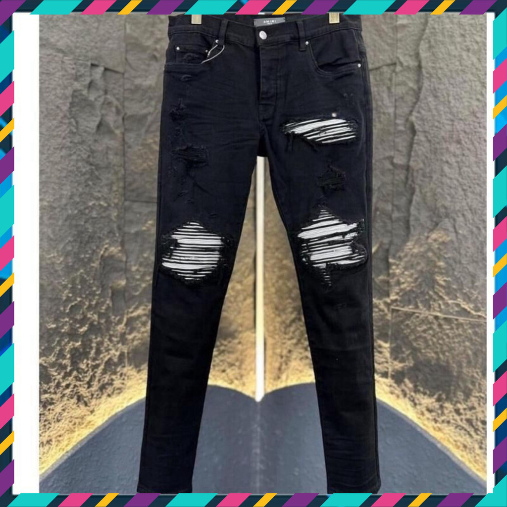 { ÔNG CHÚ AMIRI } Áo Quần Jean Nam Đen Vá Bạc Chất Lượng Cao Quảng Châu