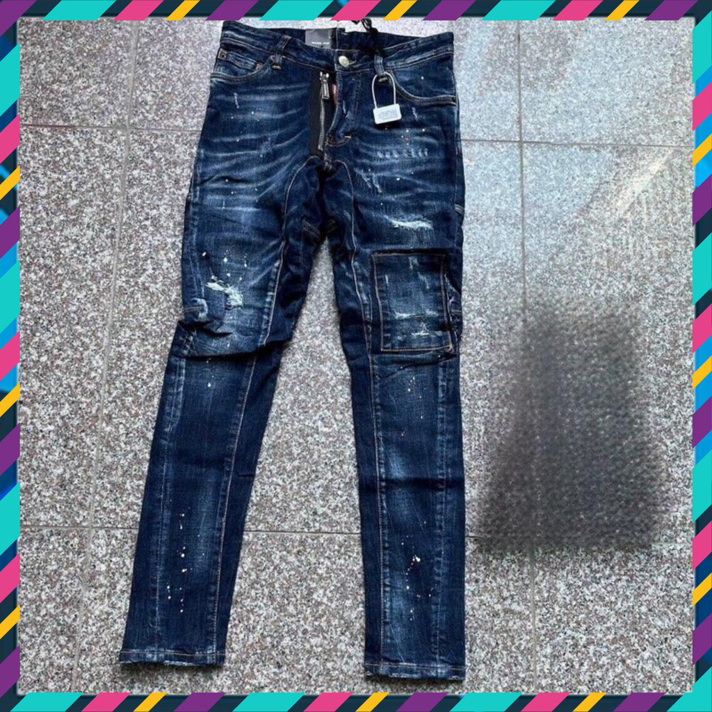 { ÔNG CHÚ AMIRI } Quần jean nam Quần xanh đậm DS  vá vuông biker hàng Quảng Châu