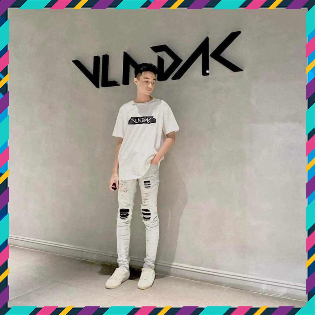 { ÔNG CHÚ AMIRI } Quần jeans nam VLADAK màu xanh nhạt họa tiết vá đen Size không rõ
