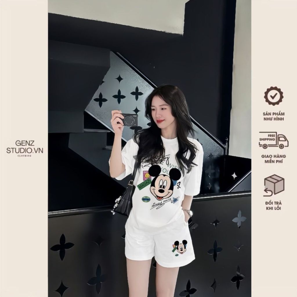 Set Áo Thun Trắng + Quần Đùi Trắng - Áo Phông Unisex Họa Tiết MICKEY MAGARI