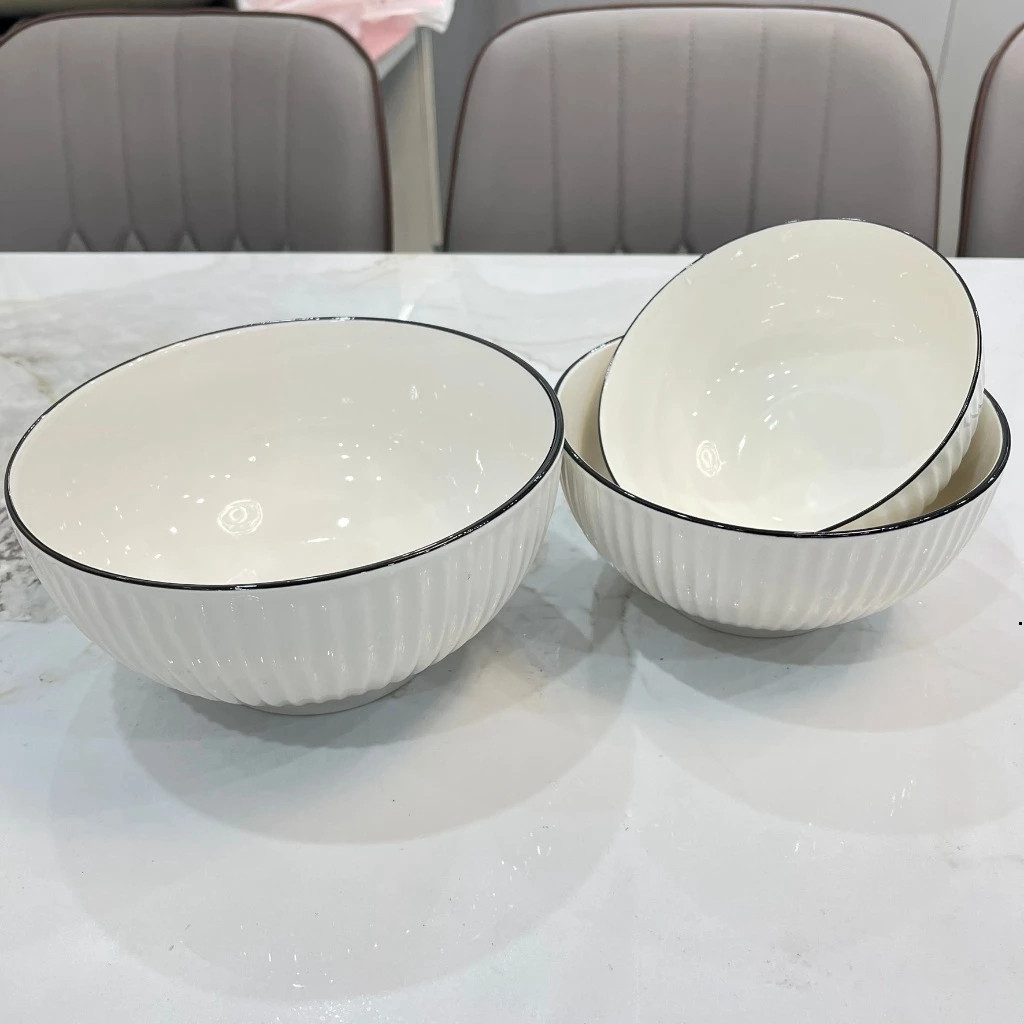 Tô canh sứ trắng viền đen dáng tròn , tô canh decor cao cấp | Chị An Home