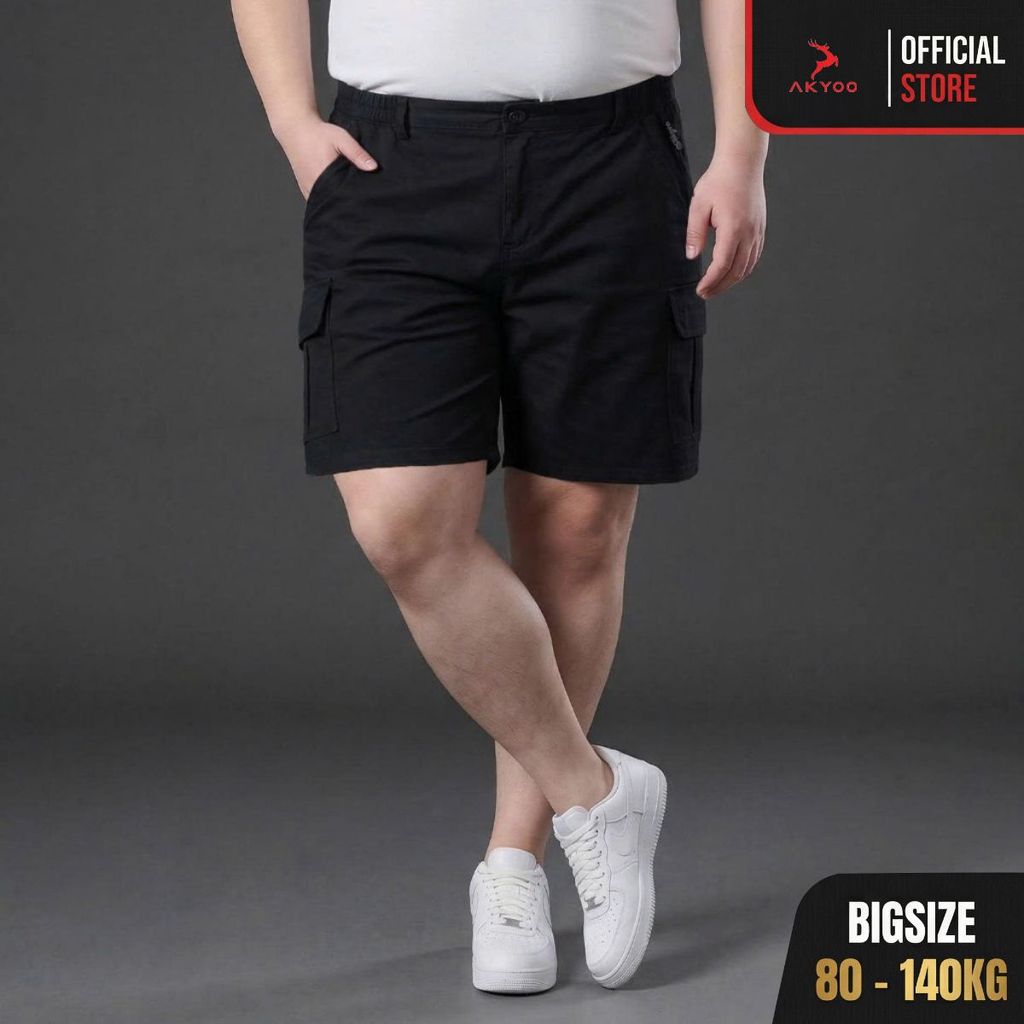 Quần Short Kaki Big Size Nam 80-140kg AKYOO Vải Cotton Co Giãn, Thoải Mái_ SK DEN , REU TUI