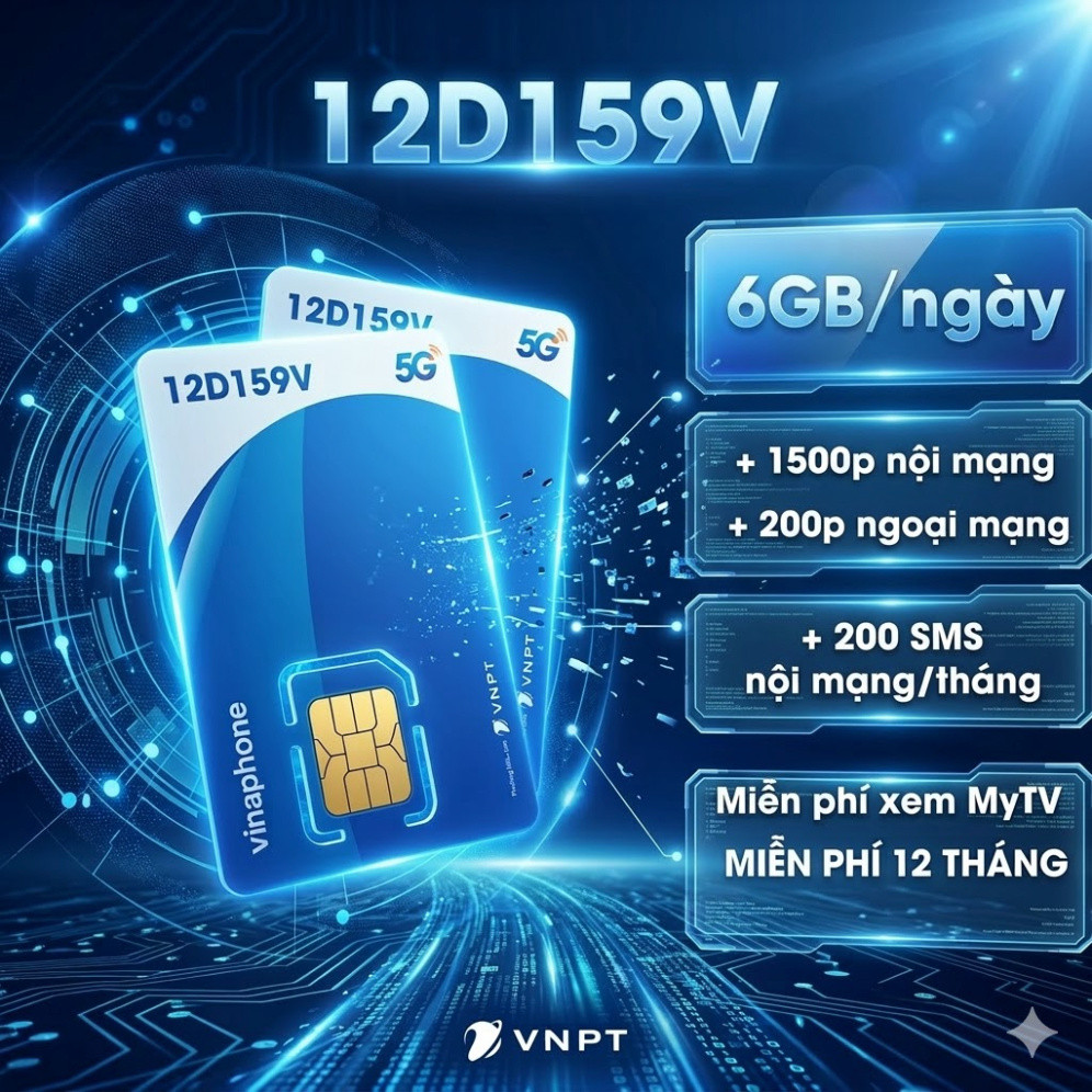 Sim Vinaphone 12D159V - 6GB/ngày + 1500 phút nội mạng, 200 phút ngoại mạng, 200 sms, free mytv