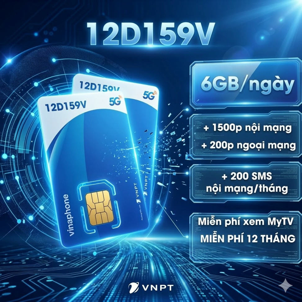 Sim Vinaphone 12D159V - 6GB/ngày + 1500 phút nội mạng, 200 phút ngoại mạng, 200 sms, free mytv.