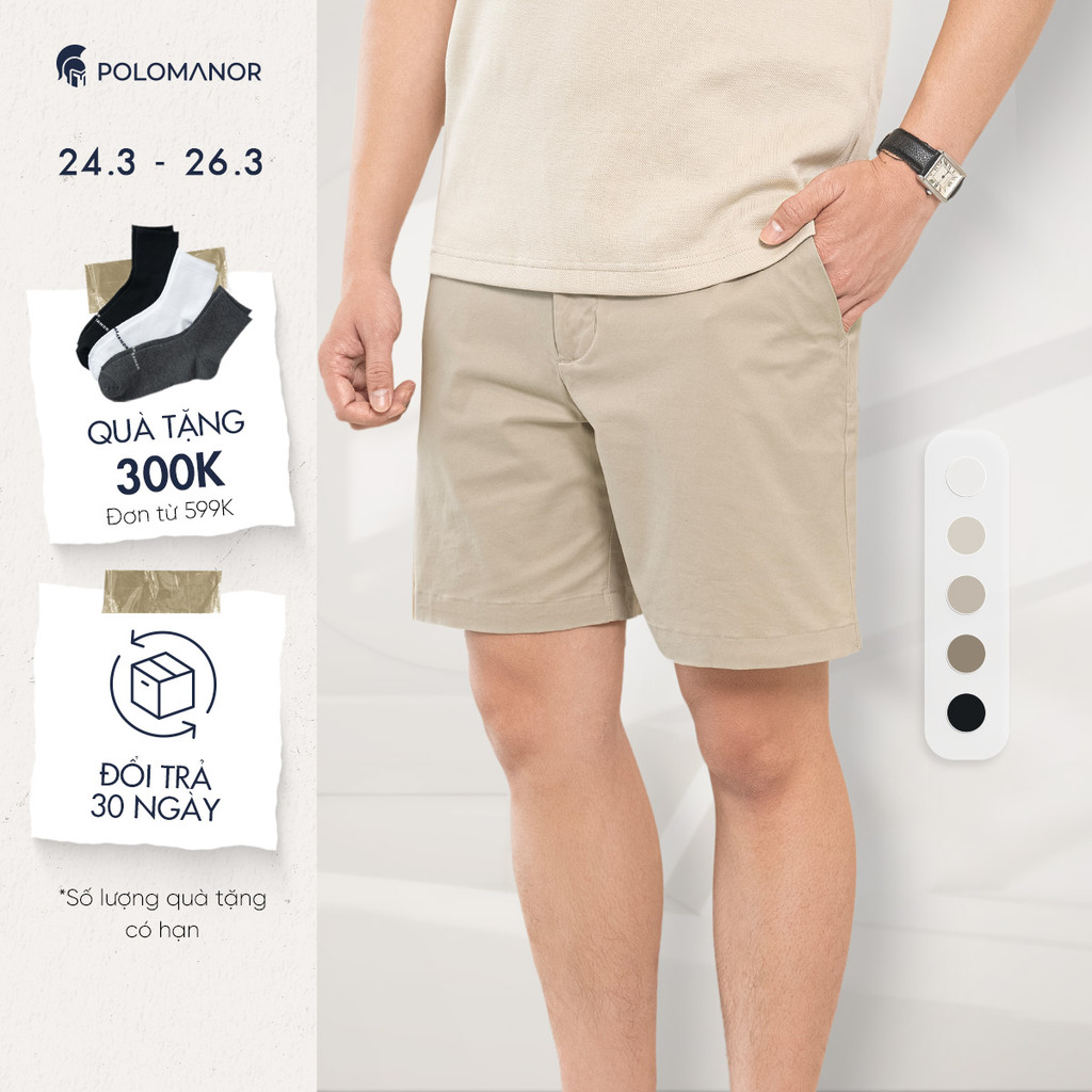 Quần short nam ngắn POLOMANOR vải kaki xuất xịn, lưng đai thun, co giãn 2 chiều, chuẩn form