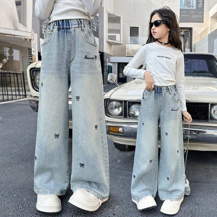 Quần Bé Gái Dáng Dài,Quần Jean Thêu Nơ Cạp Chun Dáng Xuông Phong Cách Thời Trang Bé Gái BL29