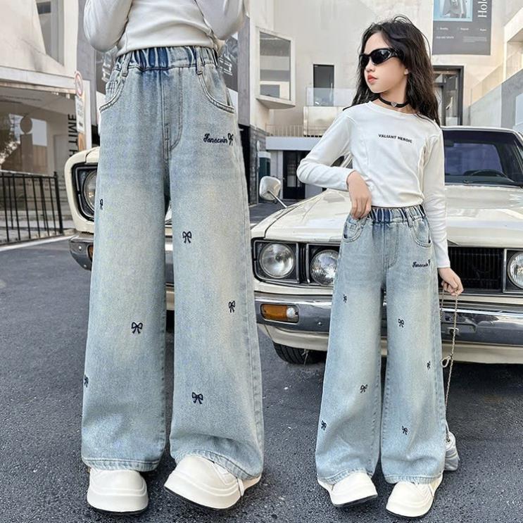 Quần Bé Gái Dáng Dài,Quần Jean Thêu Nơ Cạp Chun Dáng Xuông Phong Cách Thời Trang Bé Gái BL29