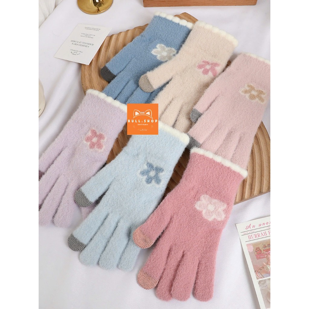 GT50 Găng tay len nữ lông cừu mềm mại dày ấm họa tiết in Hoa găng tay mùa đông BULL.SHOP