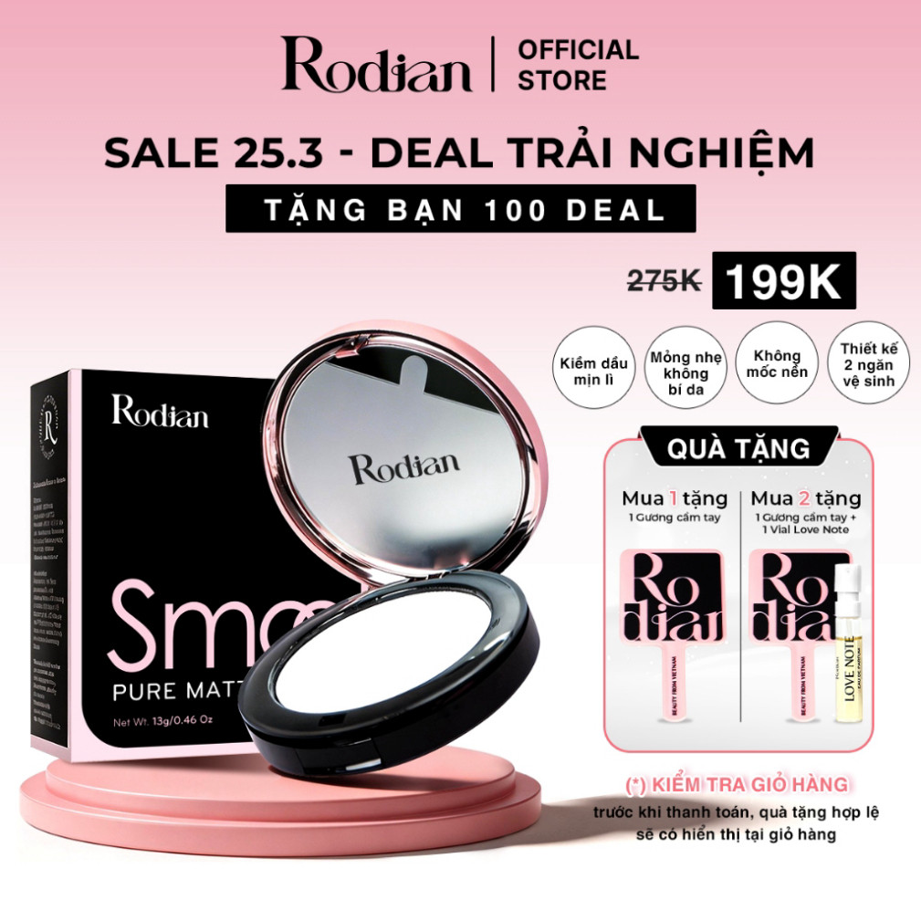 Phấn Phủ Nén Rodian Mỏng Nhẹ, Kiềm Dầu, Không Bí Da Smooth Pure Matte Powder 13g