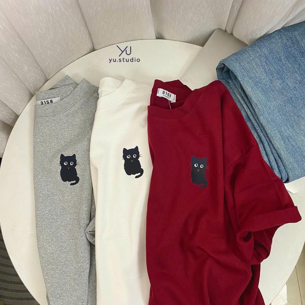 Áo thun  cotton SU, áo nam nữ form rộng mẫu Mèo Đen UT