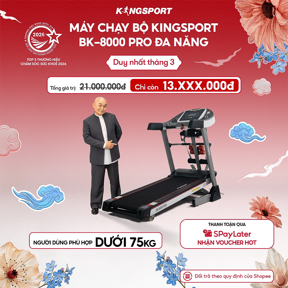Máy chạy bộ KINGSPORT BK-8000 Pro đa năng, nâng dốc tự động 18% tốc độ tối đa 14km/h