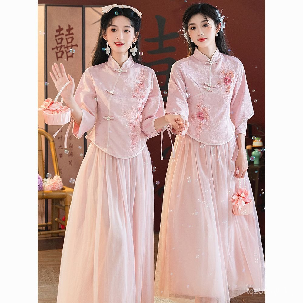 Váy phù dâu dài kiểu Trung Quốc, váy phù dâu dáng ôm mới cho mùa thu đông, váy chị em phù dâu kiểu T