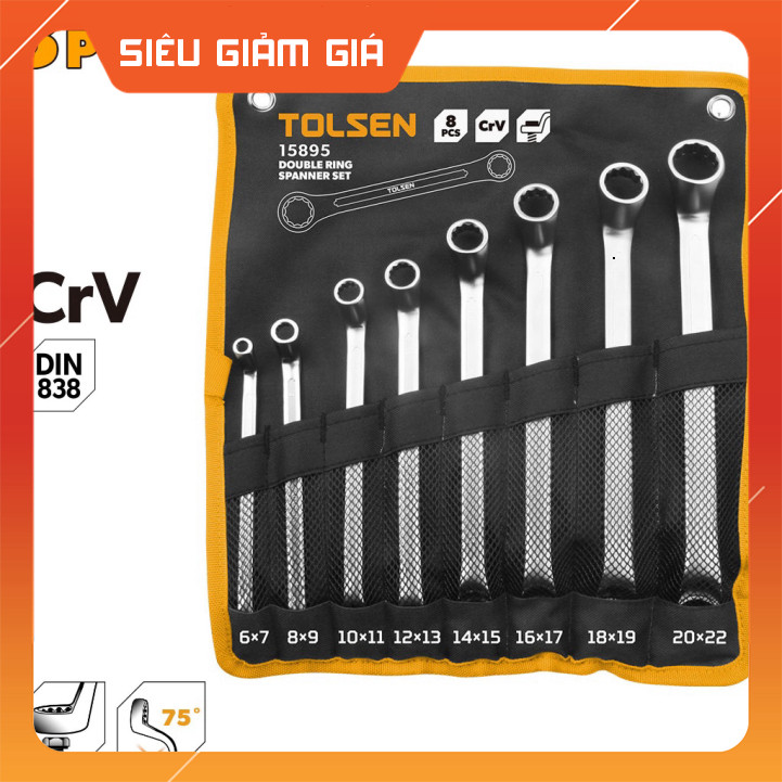 Bộ cờ lê 2 đầu vòng 8 chi tiết TOLSEN 15895 chính hãng, cờ lê vòng 2 đầu, thép CR-V, bộ cờ lê cơ khí