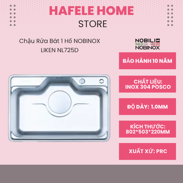 Chậu Rửa Bát 1 Hố Nobinox Liken NL725D – Inox 304 POSCO Sáng Bóng Hoàn Hảo – Dễ Dàng Vệ Sinh