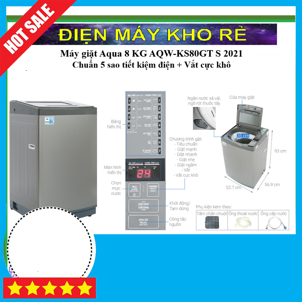 Máy giặt Aqua 8KG AQW-KS80GT S hiệu suất cao GIAO TOÀN QUỐC.