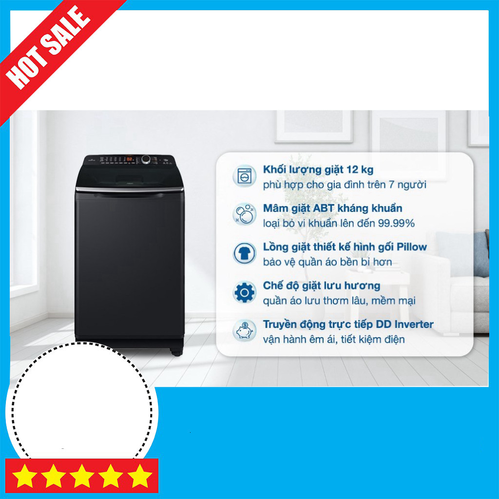 Máy giặt Aqua 12kg Model 2022 Inverter, 12kg, AQW-DR120HT BK, Tích Hợp Công Nghệ Inverter GIAO TOÀN 