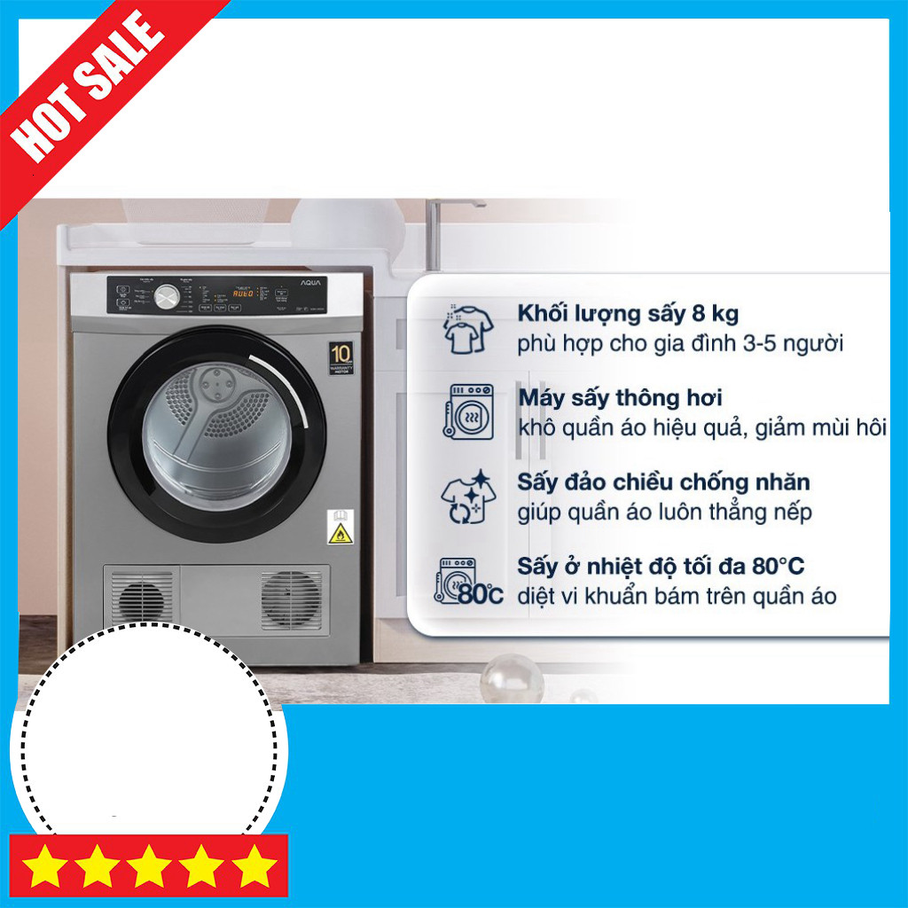 Máy sấy quần áo thông hơi Aqua 8kg AQH V800H, inox GIAO TOÀN QUỐC.