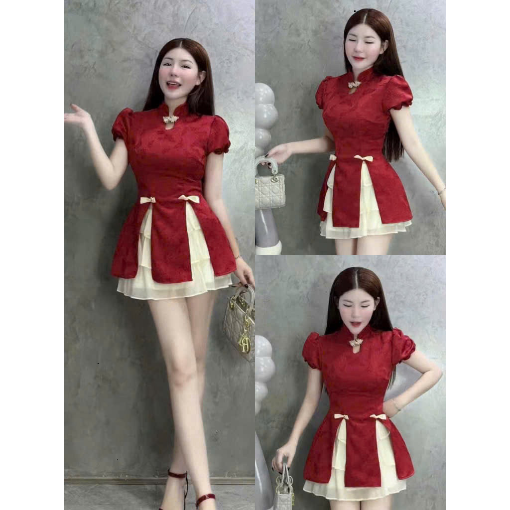 [New] Set Váy Thiết Kế Áo Gấm Cổ Tàu Nút Mây Tay Bồng Xẻ Tà Đính Nơ Mix Chân Váy Tơ Có Lót Quần – Outfit Nữ Diện Tết Siê