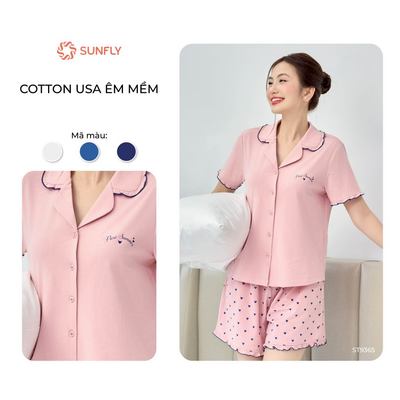 Bộ mặc nhà pijama nữ SUNFLY cotton USA co dãn tốt áo cộc quần sooc thoải mái ST9365