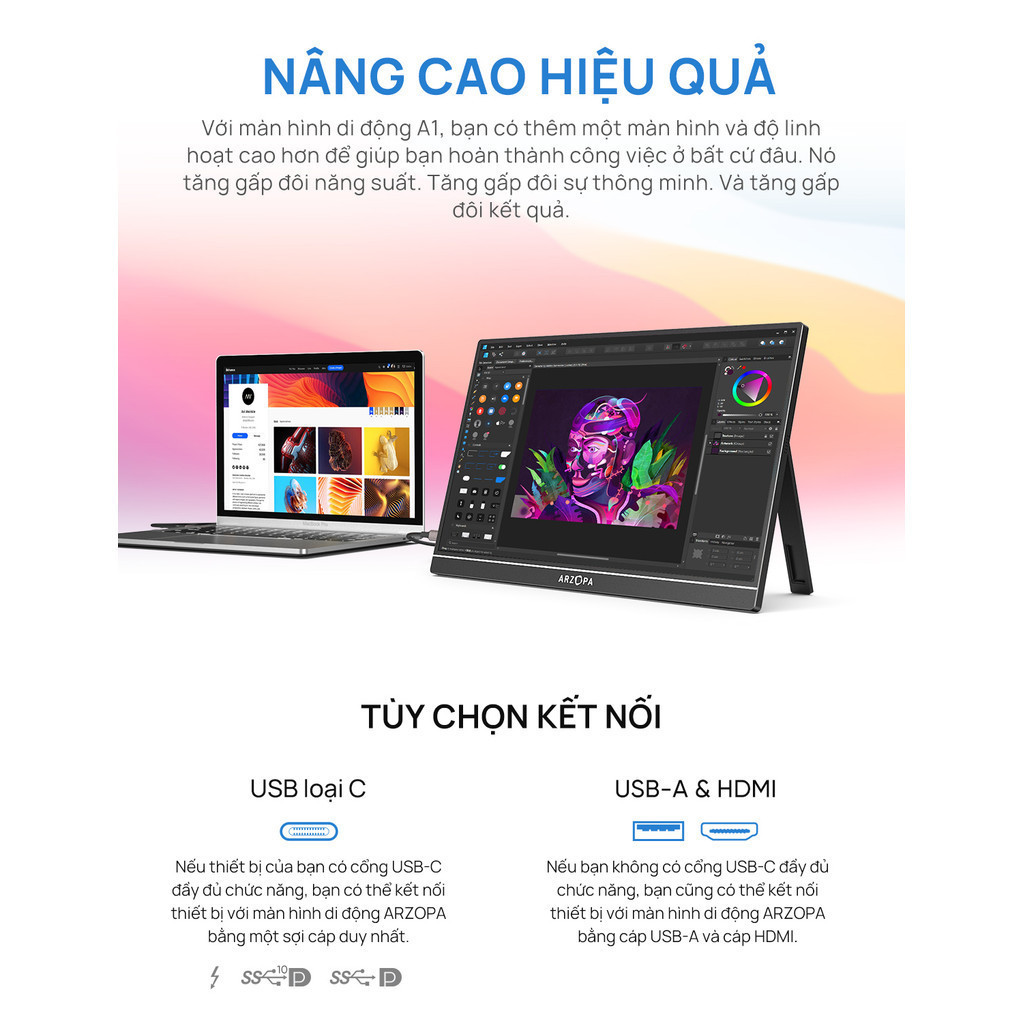 Màn hình di động ARZOPA A1- 15,6'' FHD 1080P - Màn hình máy tính xách tay siêu mỏng di động có chân 