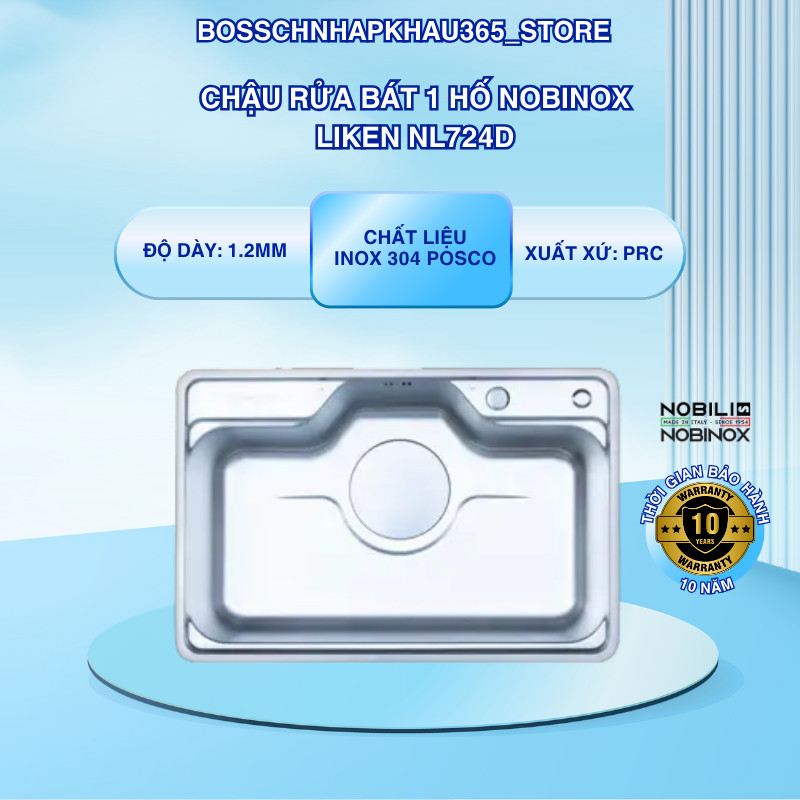 Chậu Rửa Bát 1 Hố Nobinox LIKEN NL724D – Gờ Hạ Bậc Thông Minh – Nâng Tầm Trải Nghiệm – Bossch365