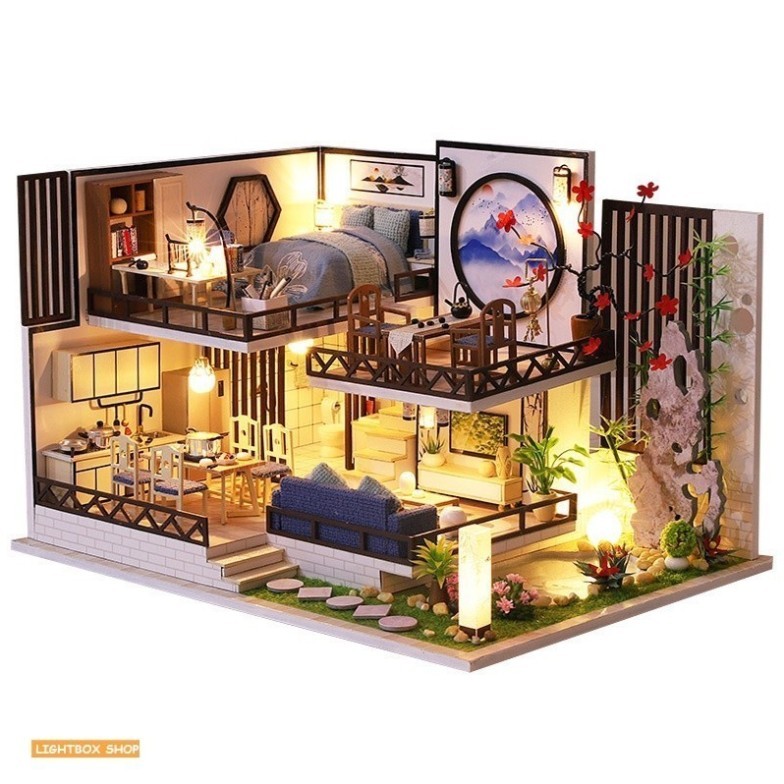 078 Nhà búp bê tự làm bằng gỗ - Tặng Dụng cụ và Keo dán [Nhà có nội thất & đèn LED] | M029