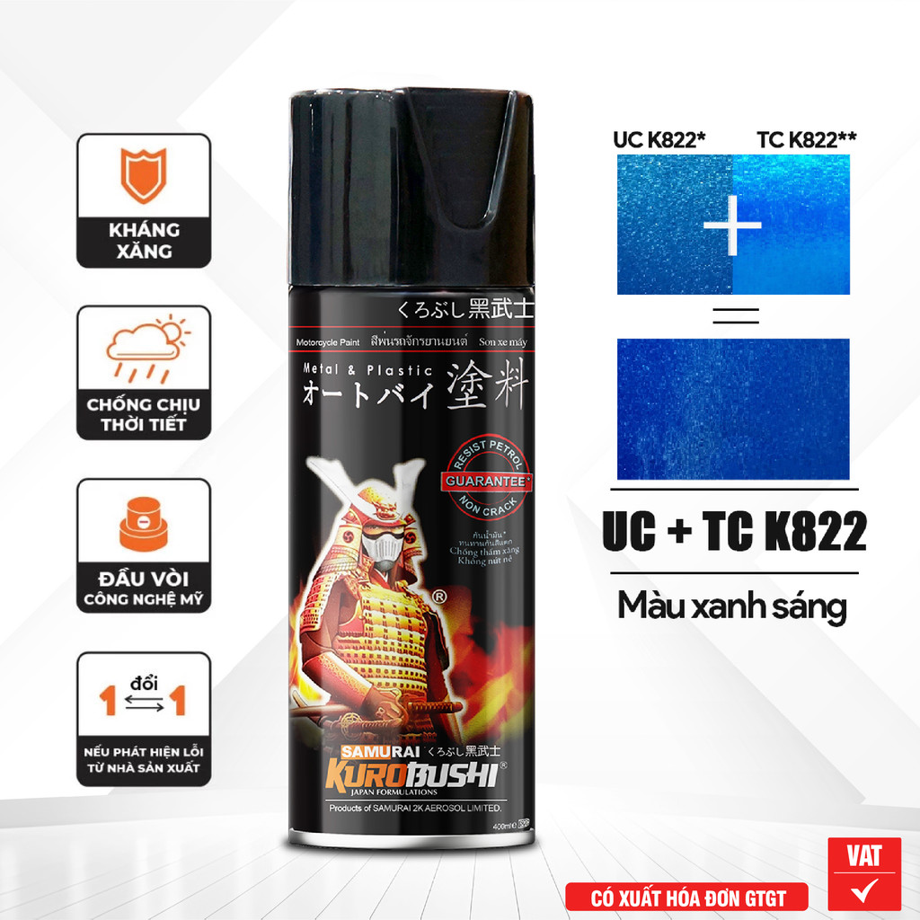 COMBO Sơn Samurai Màu xanh sáng Kawasaki UC+TC K822 gồm 4 chai đủ quy trình(Lót  - Nền UCK822 - Màu 