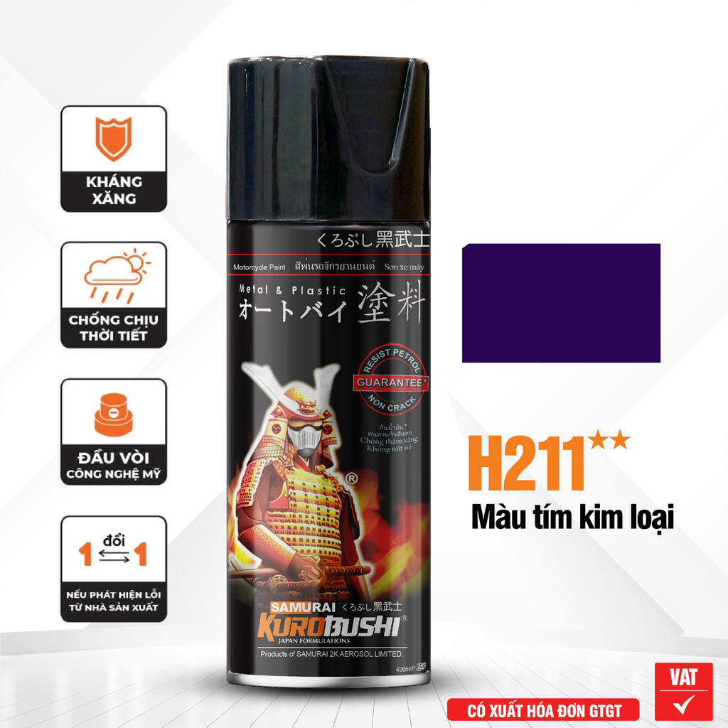 COMBO Sơn SAMURAI màu tím kim loại H211 gồm 4 chai đủ quy trình độ bền cao (Lót - Nền 102 - Màu H211