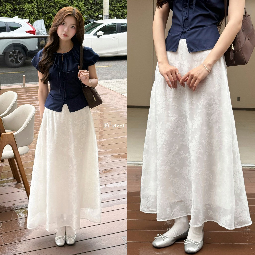Chân váy midi dáng dài TAMMY chất ren cạp chun sau có lớp lót trong CV450