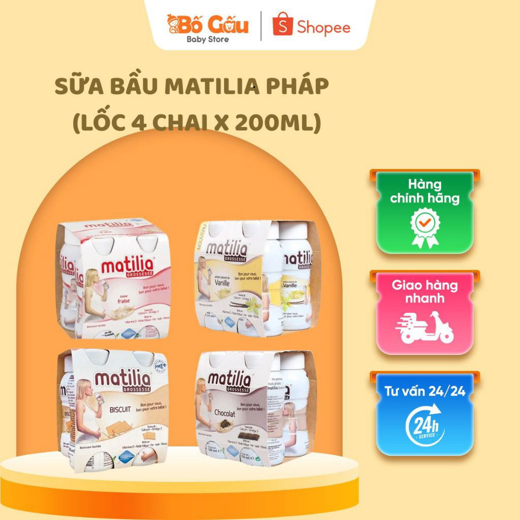 [Datte mới nhất] Sữa Bầu Matilia Pháp 200ml Lốc 4 Hộp - 4 Vị Socola Vani Biscuit Dâu – Dinh Dưỡng Ch