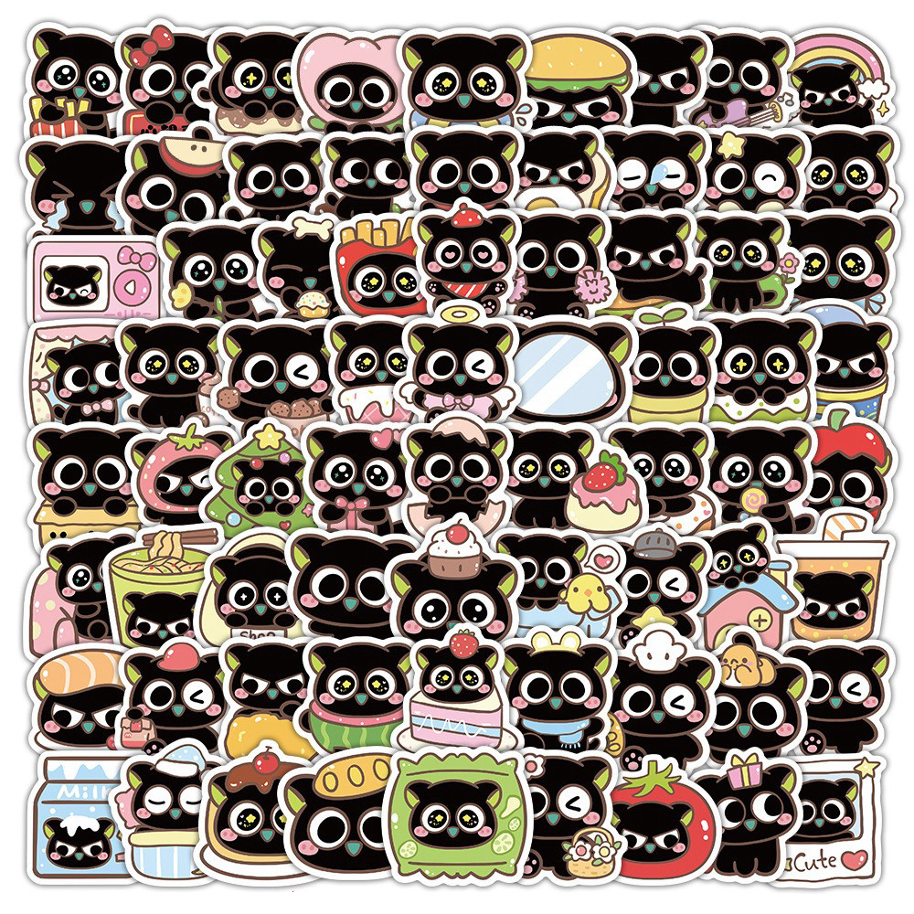 set 100 sticker mèo đen la tiểu hắc cute kawai sticker cắt sẵn trang trí laptop điện thoại sổ tay