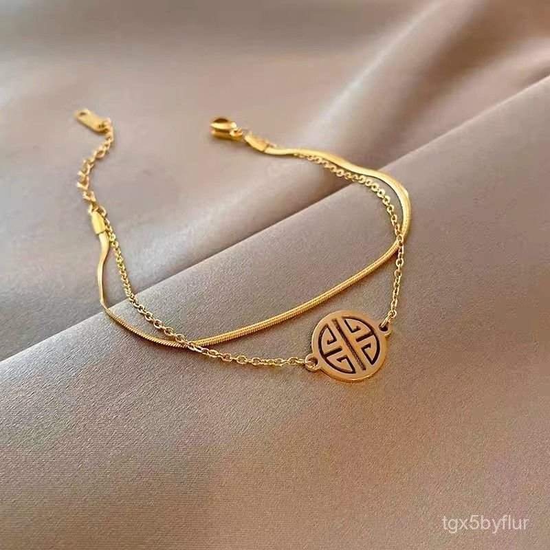 Vòng tay nữ18K Biểu tượng may mắn hai lớp bằng vàng có chữ "Fu" màu vàng. AU750Quà tặng Valentine và