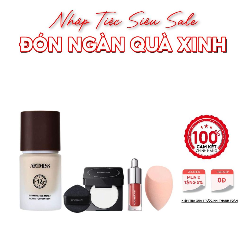 [Tặng mặt nạ] Combo Makeup đầy đủ, Kem nền Artmiss 15ml + Phấn phủ nén Carslan 1,5g + Son tint Carsl