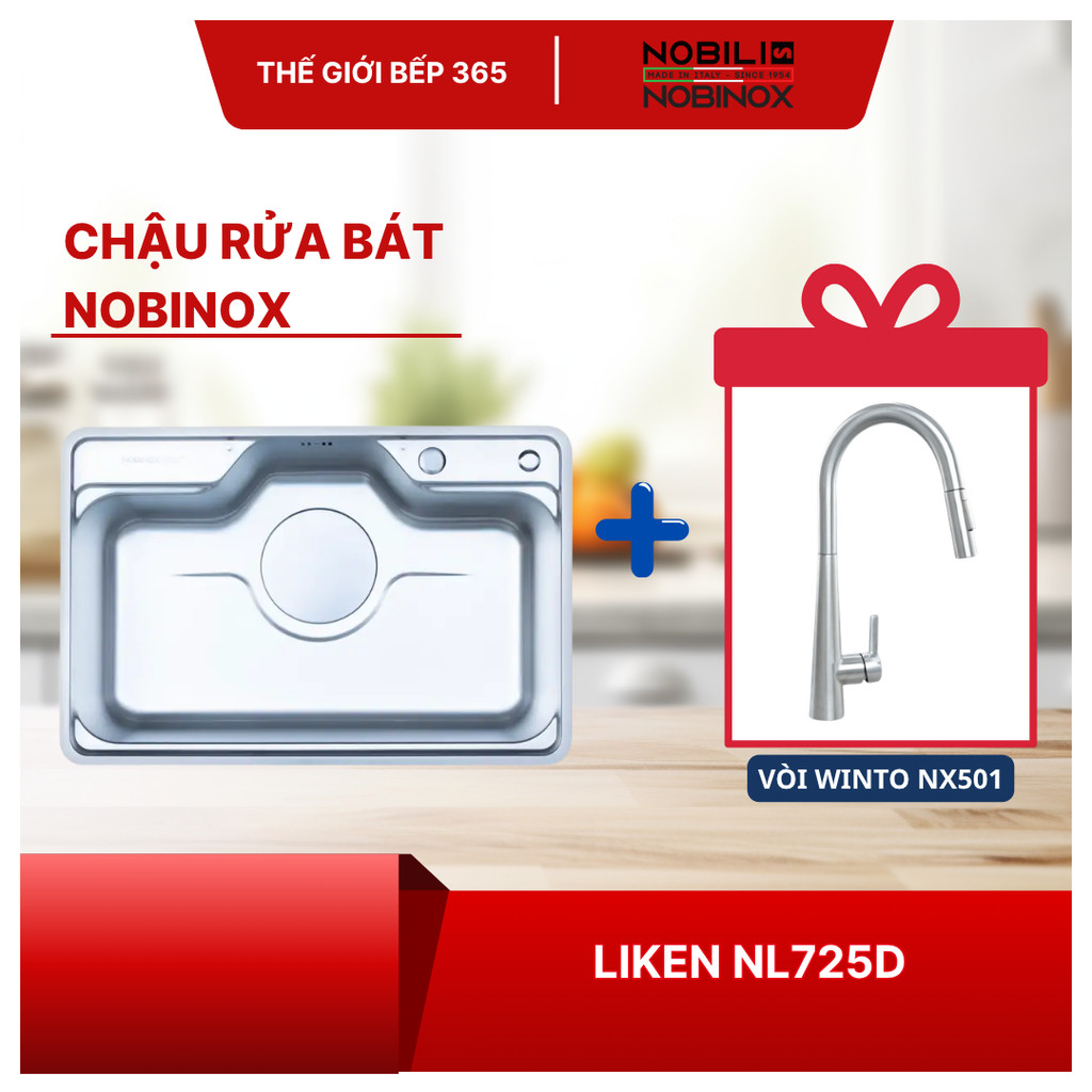[TẶNG VÒI] Chậu rửa bát NOBINOX LIKEN NL725D (80x50) - Thiết kế 1 hố sang trọng